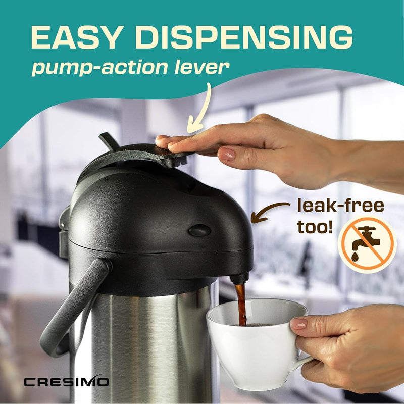 Coffee Carafe Dispenser with Pump - 101oz / 3L Airpot 24 Hours Hot Chocolate Dispenser for Parties - Coffee Urn Hot Water Dispenser - Insulated Stainless Steel Hot Beverage Dispenser - Thermal Carafe