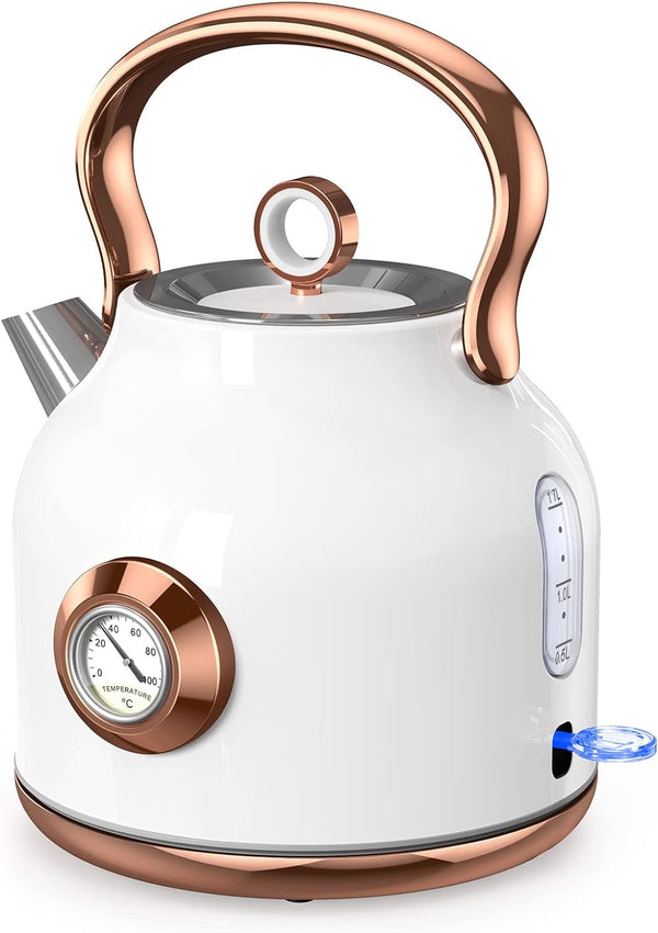 NESSGRAIM Retro Electric Kettle, 1.7L Stainless Steel Tea Kettle with Large Temperature Gauge, 1500W Fast Heating Hot Water Boiler with LED Indicator, Auto Shut-off & Boil-Dry Protection-Elegant White