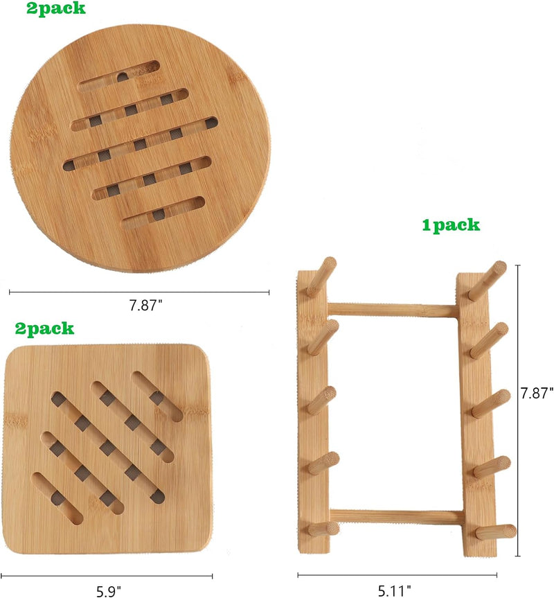 Bamboo trivets for hot Dishes,Natural Bamboo hot Pads for Kitchen Set for Hot Dishes/Pot/Bowl/Teapot/Hot Pot,2 Square 2 Roundness 1 Storage Rack