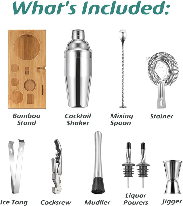 Cocktail Shaker Set, Mixology Bartender Kit 10-Piece Bar Tool Set with Stylish Bamboo Stand, Bar kit: Matini Shaker Mixing Spoon Muddler Jigger Cocksrew for Barware Set