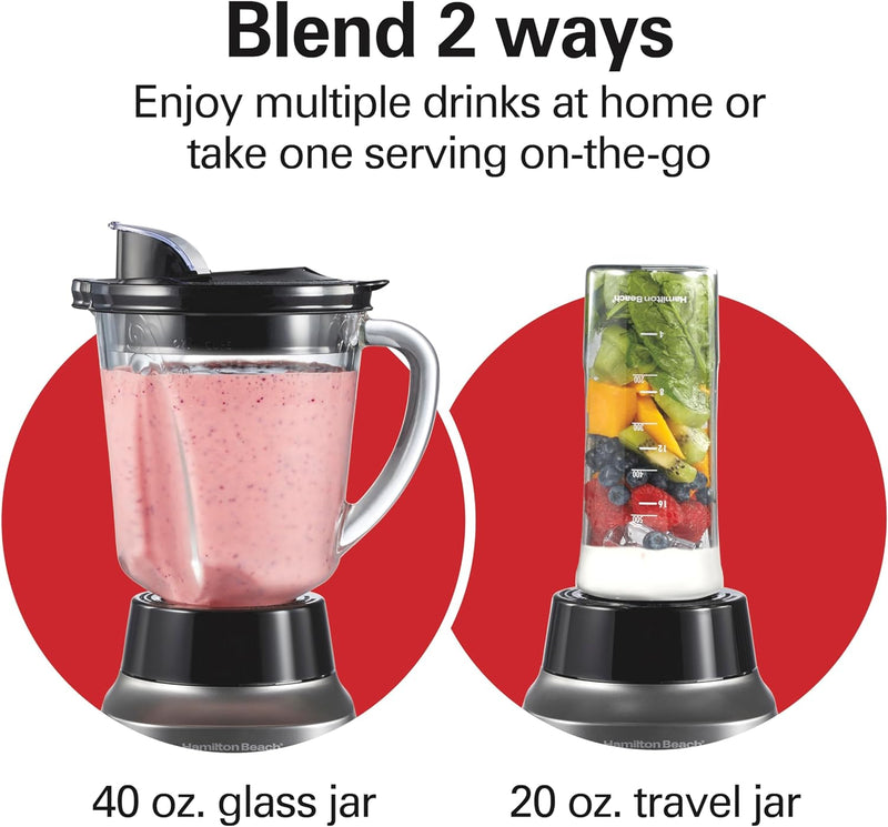 Hamilton Beach Wave Crusher Blender for Shakes and Smoothies, Puree, Crush Ice, With 40oz Glass Jar and 20oz Blend-In Portable Travel Jar, 6 Functions, Gray (58181)