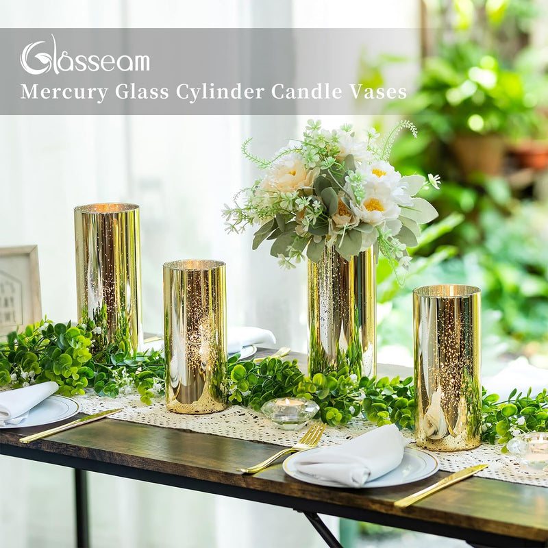 Glasseam Mercury Gold Candle Holders, Set of 6 Glass Hurricane Candle Holder, Glitter Pillar Candle Holder for Table, Modern Cylinder Vases for Centerpieces Wedding Dining Christmas Decorations