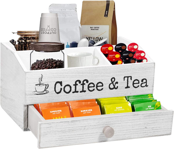 Mandikays | Coffee & Tea Station with 1.8" Drawer | KCup and Tea Bag Storage | Wooden Rustic White Organizer for Countertop
