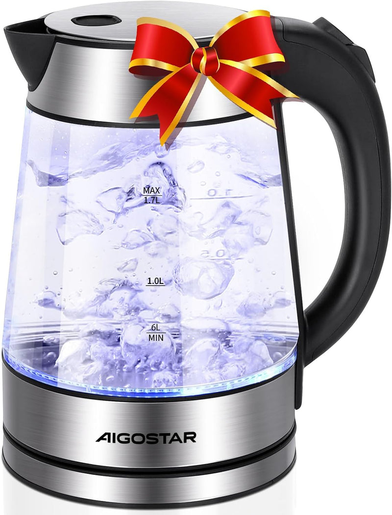 Aigostar Electric Kettle, 1.7 Liter Tea Kettle Pot, Electric Tea Kettle with LED Illuminated and Filter, High Borosilicate Glass Hot Water Kettle, BPA Free, Auto Shut off, Boil-Dry Protection, Black