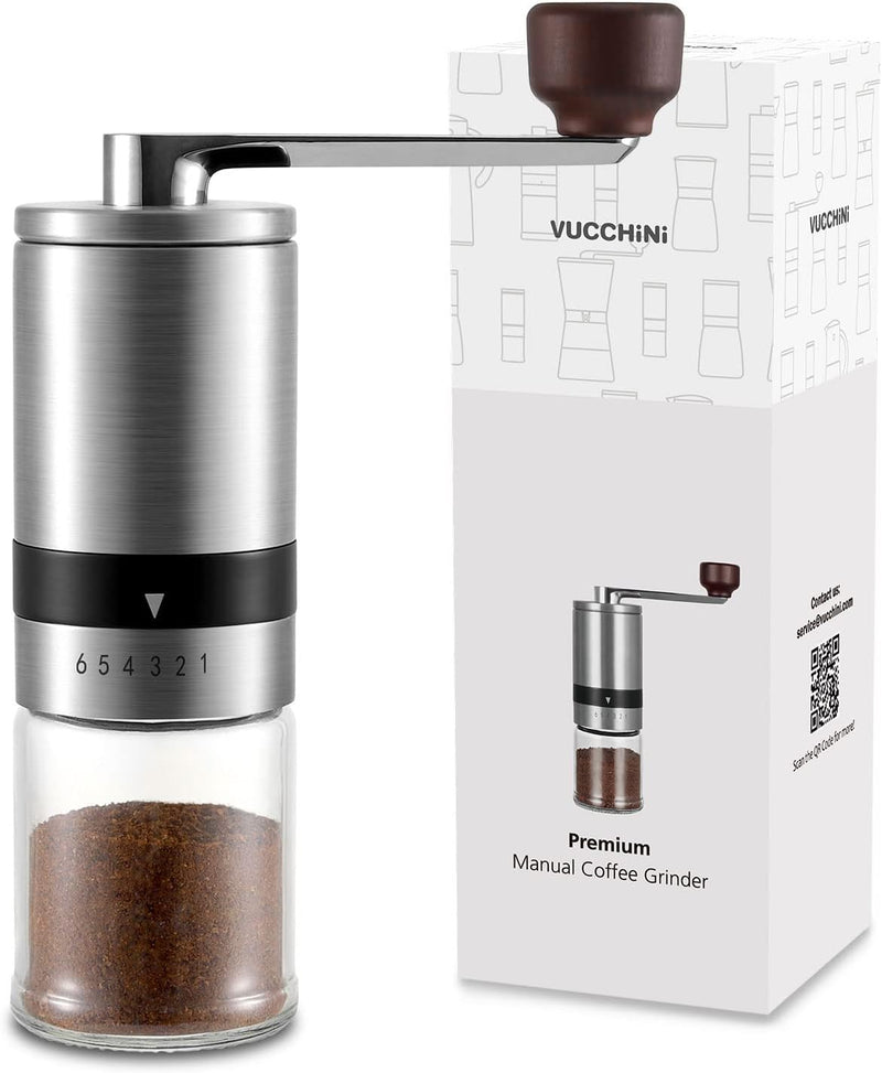 Classy Manual Coffee Grinder - Vintage Hand Coffee Mill with Ceramic Burrs 6 External Adjustable Settings - Portable Hand Crank - Cream Color