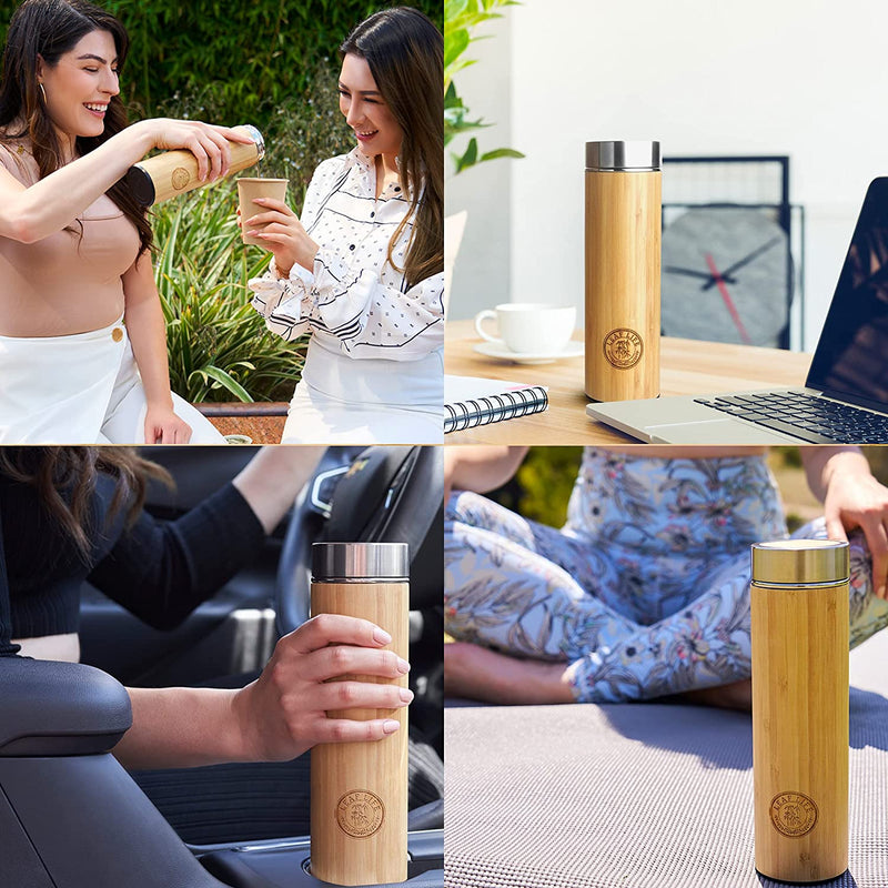 LeafLife Premium Bamboo Thermos with Tea Infusers for Loose Tea 17oz - Hot & Cold for 12 Hrs - Unique Gifts for Women Who Have Everything, Tea Gift Sets for Women, Cool Gifts for Women Birthday Unique