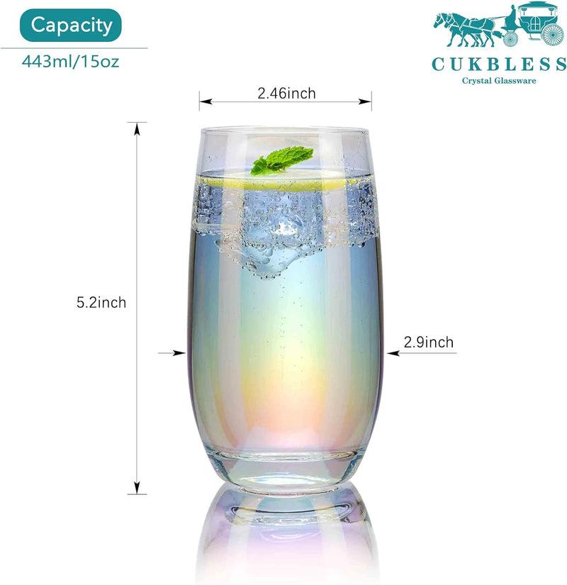 CUKBLESS Iridescent Drinking Glasses Set of 6 - Crystal Highball Water Glasses - Glass Cups for Water, Juice, Beverage, Mojito-15 Oz