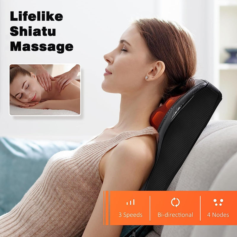 Back Massager with Heat, Shiatsu Back and Neck Massager, 3D Kneading Deep Tissue Massage Pillow for Neck, Back, Shoulder, Muscle Pain Relief, Gifts for Mom Dad