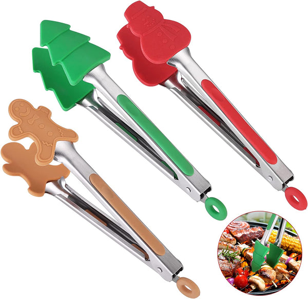 OIULO 3PCS Christmas Silicone Mini Tongs,7 Inch Small Style Tongs For Cooking,Small Kids Colourful Tongs Serving Food,Ice Cube,fruits,Sugar,Festival Set of 3（Christmas Tree Snowman Gingerbread Man）