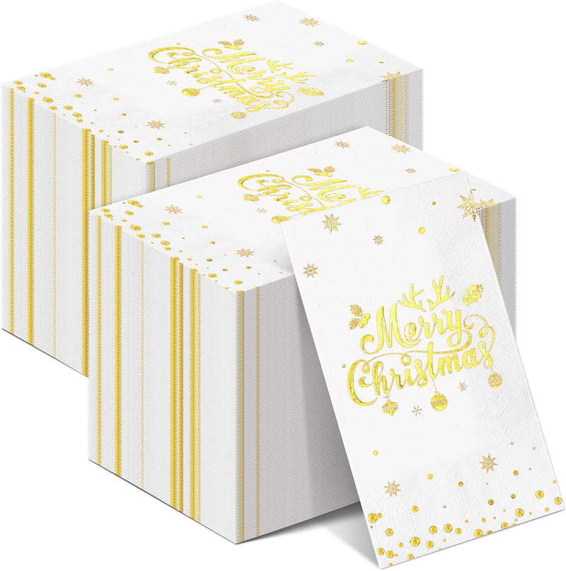 100Pcs Merry Christmas Napkins, White Gold Foil Disposable Paper Napkins, Paper Cocktail Napkins Hand Towels for Christmas Dinner Winter Holiday Party Decorations and Supplies, 7.9 x 4.3 Inch