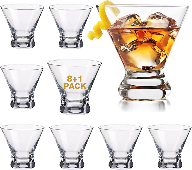 Mfacoy Martini Glasses Set of 9(Buy 8, get 1 Free), Crystal Cocktail Glasses 8 Ounces, Hand Blown Stemless Martini Glasses for Bar, Martini, Cosmopolitan, Manhattan, Gimlet, Pisco Sour Brandy