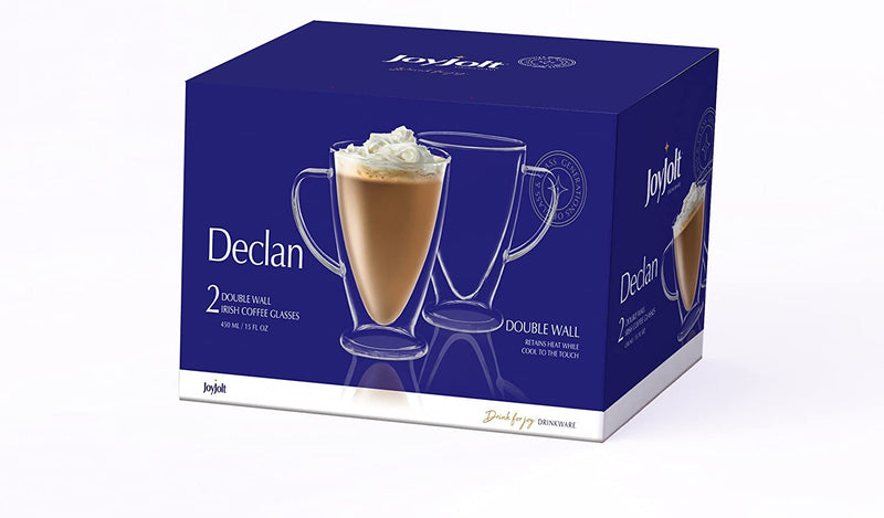 JoyJolt Declan Irish Double Wall Insulated Glass Coffee Cups (Set of 2) -15-Ounces