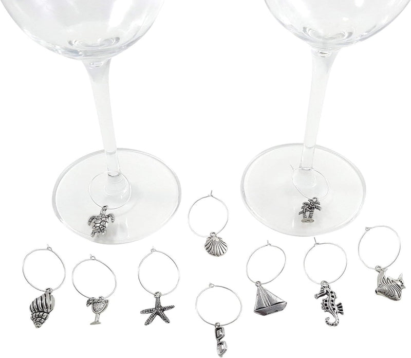 Palm City Products 10 Piece Beach Themed Wine Charm Set - Nautical Stemmed Wine Glass Charms