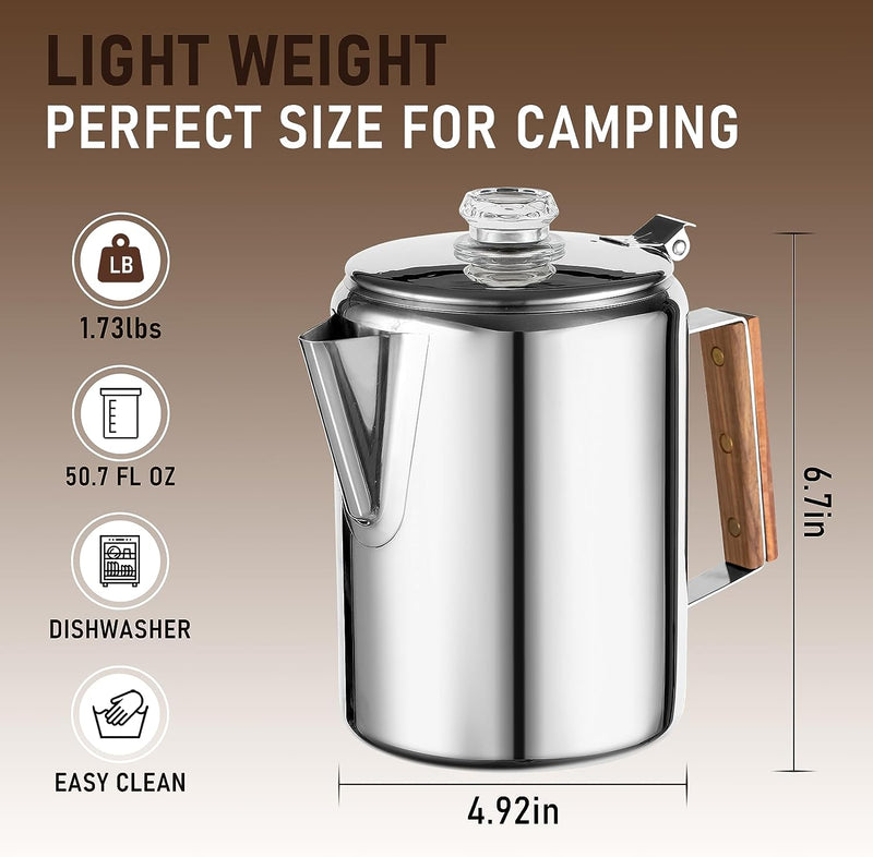 MEREZA Camping Coffee Pot Stovetop Coffee Maker Percolator Campfire Coffee Pot Stainless Steel Coffee Pot Camping Outdoors Home 9 Cup No Aluminum & Plastic Fast Brew