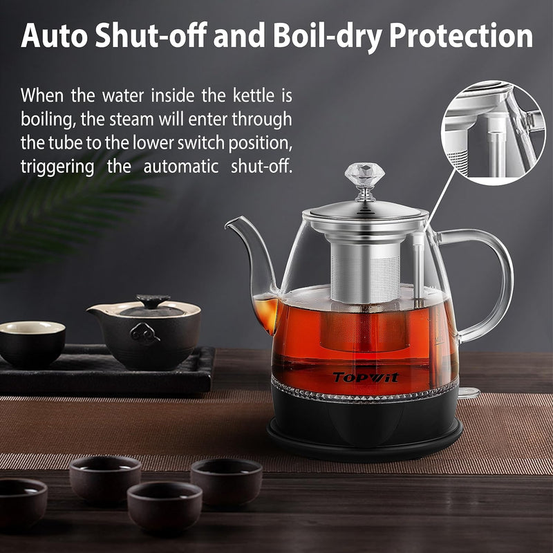 Topwit Electric Kettle Glass, For Hot Water, Tea and Coffee Dual Purpose Design, BPA-Free, 1L Pour Over Removable Stainless Steel Infuser, Auto-shut Off & Boil-dry Protect