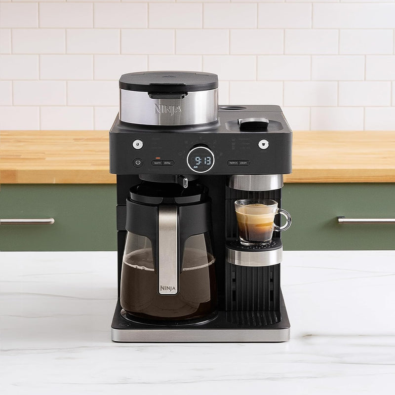 Ninja CFN601 Espresso & Coffee Barista System, 3 Espresso Brew Styles, Single-Serve Coffee & Nespresso Capsule Compatible, 12-Cup Carafe, Built-in Frother, Espresso, Cappuccino & Latte Maker - Black