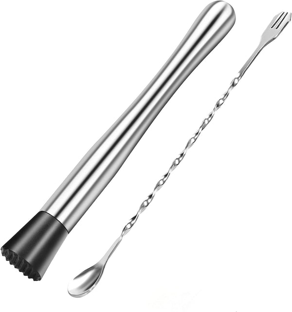 YOTIPP 10 Inch Stainless Steel Cocktail Muddler and Mixing Spoon Professional Home Bar Tool Set