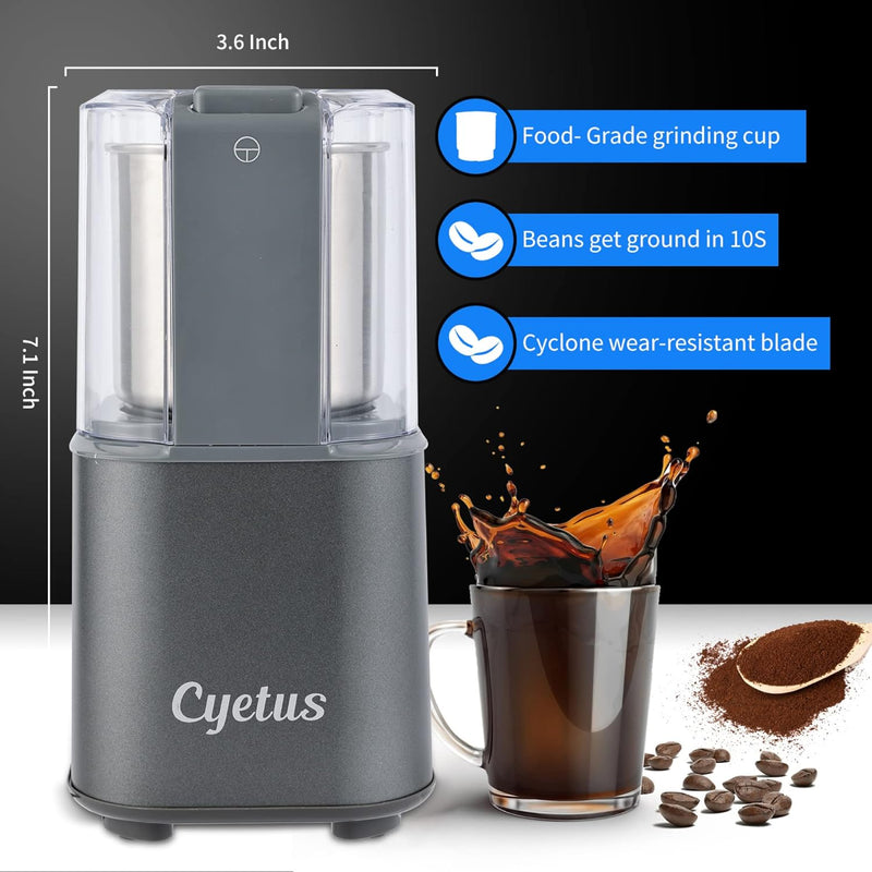 CYETUS Coffee Grinder with Removable Cup, Electric Blades Grinders for Espresso Bean Home Herb Spice Kitchen, Makes up to 12 Cups, Stainless Steel, Grey