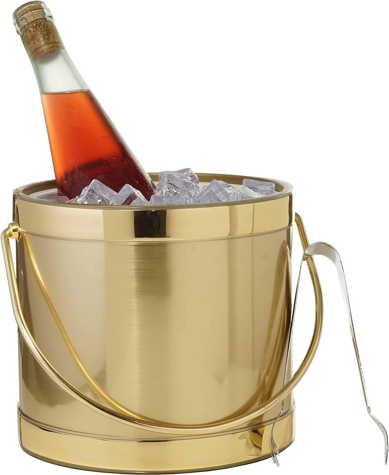 Hand Made In USA Brushed Gold Double Walled 3-Quart Insulated Ice Bucket With Ice Tongs (Metallic Deco Collection)
