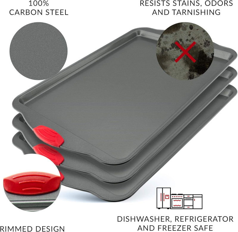 Nonstick Baking Sheet Tray Set of 3 - These Cookie Sheet Pans are Non-toxic, Dent, Warp, and Rust Resistant. Made with Heavy Gauge Carbon Steel for Oven Baking Sheets.