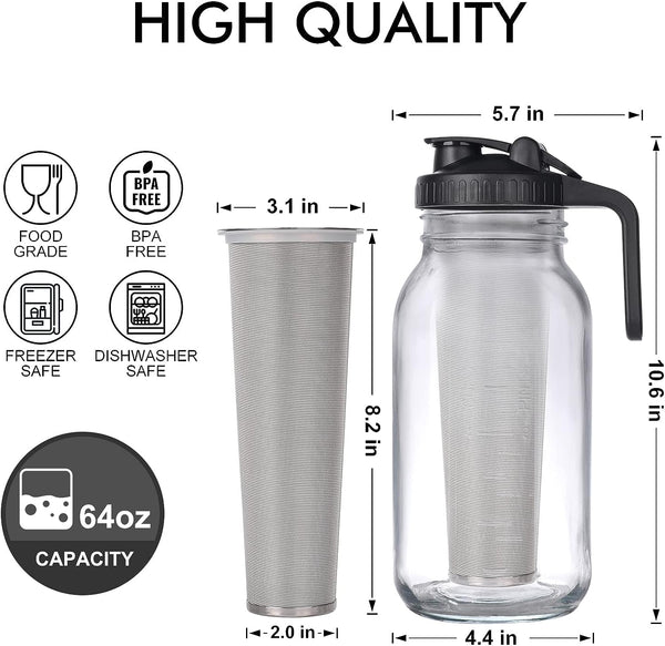 Cold Brew Mason Jar iced Coffee Maker, Durable Glass, - 64 oz (2 Quart / 1.9 Liter), With Handle& Stainless Steel Filter for Iced Brew Coffee, Lemonade, Ice Tea, Homemade Fruit Drinks Container