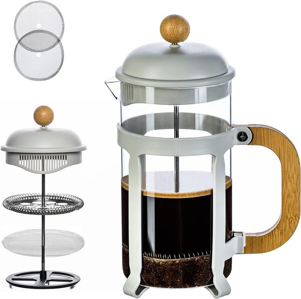 PARACITY French Press Coffee/Tea Maker 34 OZ with 2 Replaceable Filter, Camping Large Coffee/Tea Press of bamboo handle and Heat Resistant Glass, Cold Brew French Press