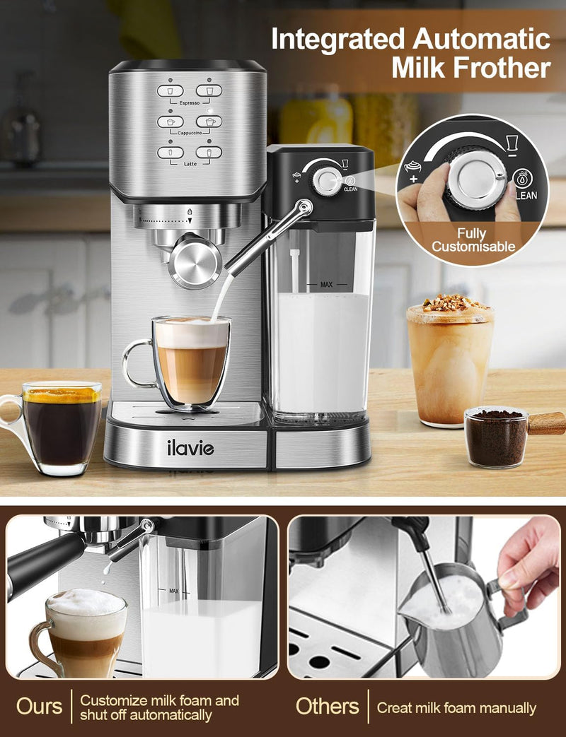 ILAVIE 6-in-1 Espresso Coffee Machine Built-In Automatic Milk Frother, 20 Bar Espresso & Cappuccino & Latte Maker with 34 oz Removeable Water Tank, Ideal for Home Use, Stainless Steel