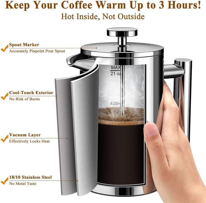 BAYKA French Press Coffee Maker, Stainless Steel 21oz Double-Wall Metal Insulated Coffee Tea Makers with 4 Level Filtration System, Rust-Free, Dishwasher Safe