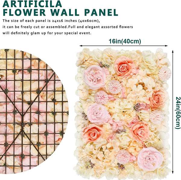 Artificial Flower Wall Panels - 3D Decorative Silk Rose Panel 24X16 - WeddingBaby ShowerParty Decor - 2 Pack Champagne