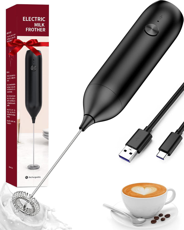 Homradise Milk Frother Rechargeable, Electric Milk Frother Handheld USB-C Powerful Coffee Frother Milk Foam Maker for Coffee Latte, Cappuccino, Mocha, Macchiato, Frappe and Protein Powder -Black