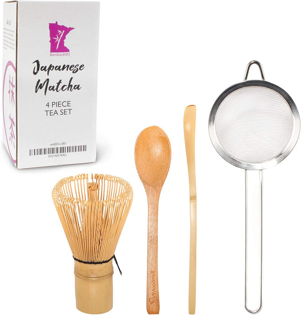 BambooMN Japanese Tea Set, Matcha Whisk (Chasen), Tea Strainer, Traditional Scoop (Chashaku), Teaspoon, The Perfect Set to Prepare a Traditional Cup of Matcha - 1 Set