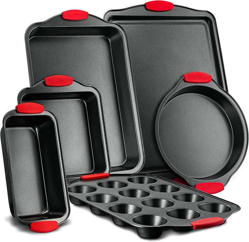 NutriChef Non-Stick Kitchen Oven Baking Pans-Deluxe & Stylish Nonstick Gray Coating Inside Outside, Commercial Grade Restaurant Quality Metal Bakeware with Red Silicone Handles NCSBS3S, 3 Piece Set