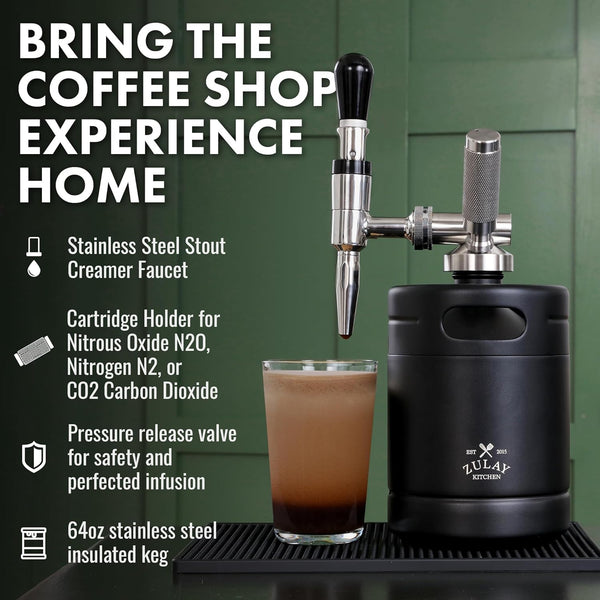 Zulay Nitro Cold Brew Maker - Nitro Cold Brew Keg with Pressure Relieving Valve & Creamer Faucet - Gift for Coffee Lovers - Nitro Cold Brew Coffee Maker for Home - Collapsible Funnel & Drip Mat