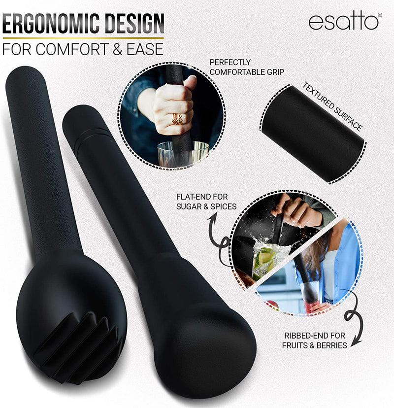 Esatto Professional Bar Tool Muddler 25 CM (9 Inches) Ribbed – Made with ABS Plastic, Black Set of 2 – Durable and Ribbed for Mashing Fruits, Berries, Sugar, Spices, and Herbs