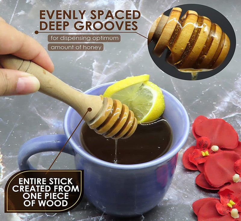 Olive Wood Honey Dipper Stick - Set of 3 (5”/7”/9”) & 1 Wooden Spoon, Use Honey Sticks for Tea & as Honey Server, Honey Dripper, Honey Spoon, Honey Drizzler, Honey Stirrers for Tea