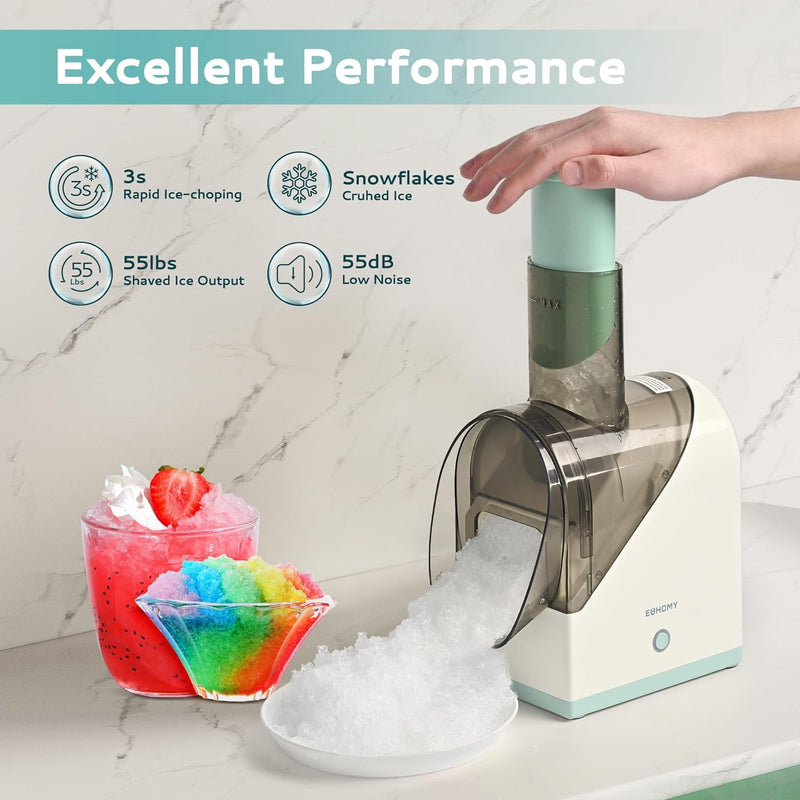 EUHOMY Shaved Ice Machine with Battery, USB Rechargeable, Crushed Ice in 3s, 45 lbs in 40 Mins, Dual Steel Blades, Easy-to-Clean, Snow Cone Maker with Scraper, for Home/Kitchen/Camping. (White)