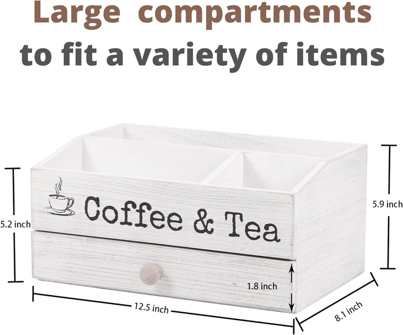 Mandikays | Coffee & Tea Station with 1.8" Drawer | KCup and Tea Bag Storage | Wooden Rustic White Organizer for Countertop