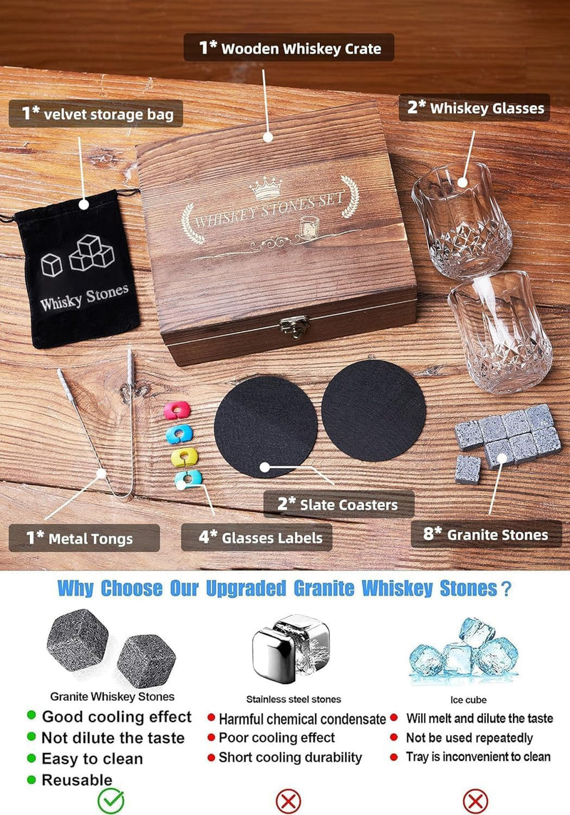 Whiskey Stones Gifts for Men, Anniversary Birthday Gifts White Elephant Gifts for Adults Men Him Dad Husband, Whiskey Glasses Set of 2 w/ 8 Chilling Rocks, Bourbon Gifts Wooden Box