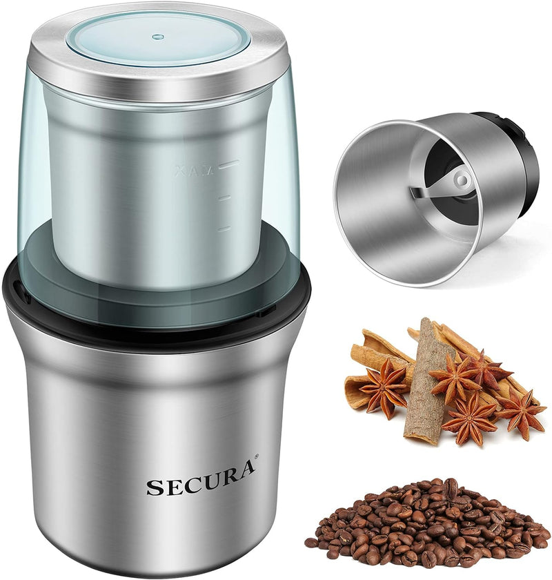 Secura Coffee Grinder Electric, 2.5oz/75g Large Capacity Spice Grinder Electric, Coffee Bean Grinder with 1 Stainless Steel Blades Removable Bowl