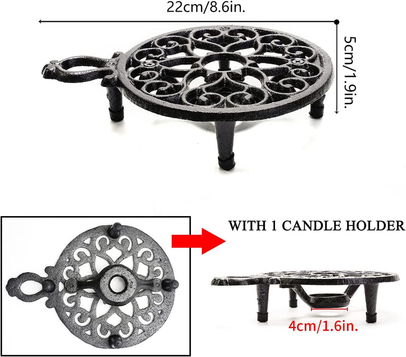 Sungmor Cast Iron Teapot Warmer Dish Cups Heater Pot Trivet - Rustic & Graceful Pattern Design with Tealight Holder - Heavy Duty & Decorative Candle Holder Stands for Heat Food Coffee Milk or Tea