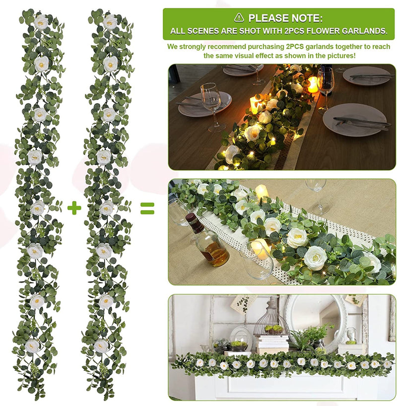 Eucalyptus Garland with White Camellias and Lights - Perfect for Weddings and Home Decor