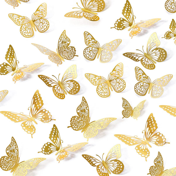 3D Butterfly Wall Decor - 48 Pcs Gold 4 Styles in 3 Sizes - Birthday Party Cake Decorations Removable Stickers for Kids Nursery Classroom Wedding