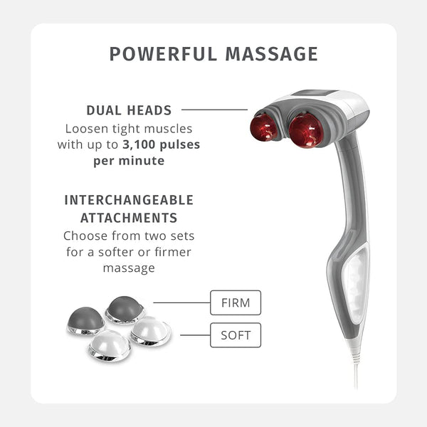 Homedics Back Massager - Heated Automatic Percussion Back, Body and Neck Massager with Duel Pivoting Heads, Interchangeable Nodes, For Shoulders, Legs and Feet, White