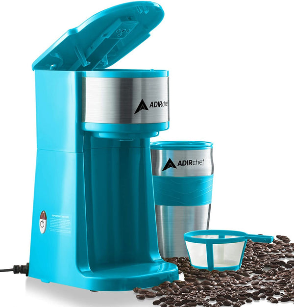 AdirChef Mini Coffee Maker - Single Serve Coffee Maker, 15 oz. Travel Coffee Mug Coffee Tumbler & Reusable Coffee Filters - Ideal for Home, Office, Outdoor & More - Blue