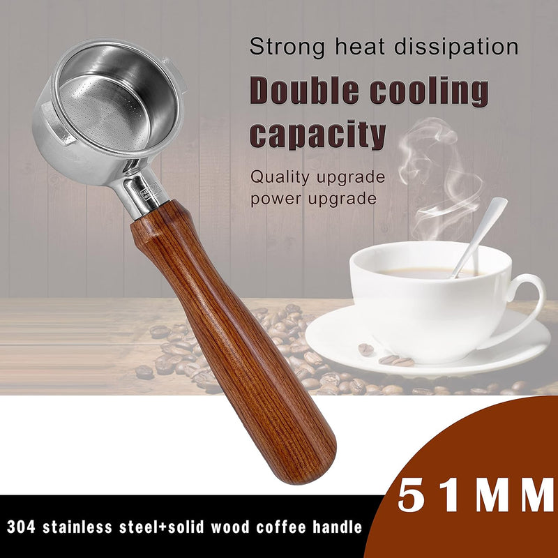 NEOUZA 51mm Espresso Bottomless Portafilter for Delonghi ECP31.21 ECP33.21 ECP35.31 ECOV311,304 Food Stainless Steel,Rosewood Handle,with Cup Filter Basket