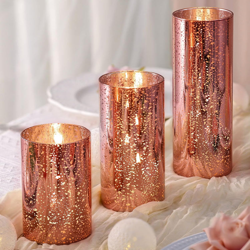 DEVI 3pcs Rose Gold Mercury Glass Candle Holders for Wedding Decor (D:3''), Hurricane Candle Holder for Bridal Shower, Cylinder Glass Vases for Centerpieces, Fall Decor, Christmas Home Table Decor,