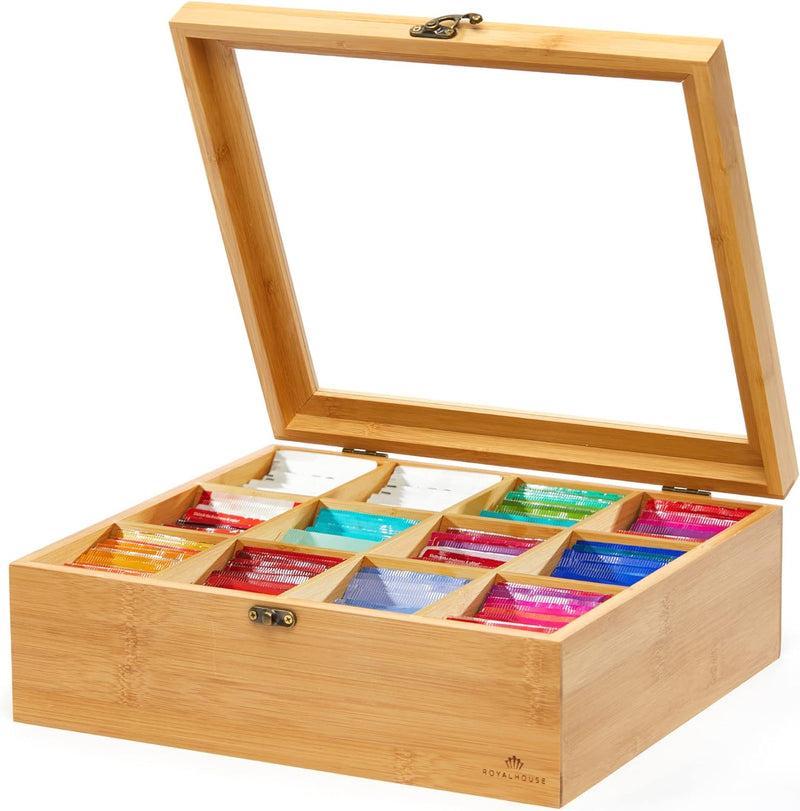 RoyalHouse Big Natural Bamboo Tea Storage Organizer with Clear Acrylic Top Window, 8 Compartments Eco-Friendly Tea Bag Holder, Multi-Functional Storage Box