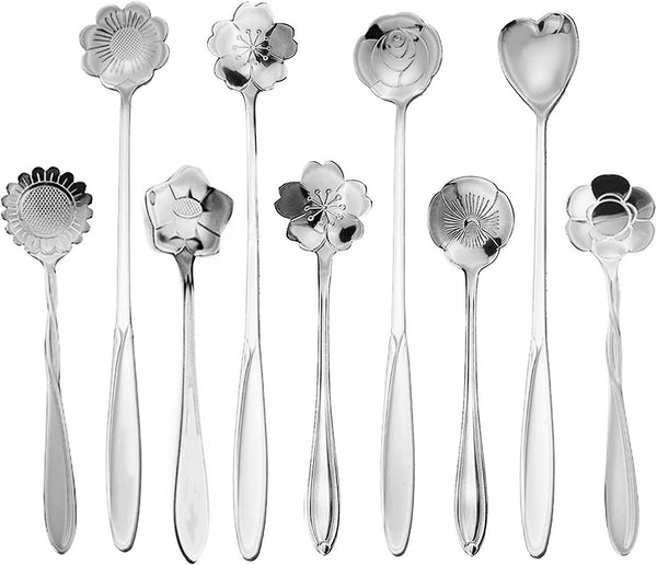 9 Pcs Flower Spoon Coffee Teaspoon Set, ESRISE Stainless Steel Tea Spoon essert Spoon, Cute Demitasse Scoop for Stirring Drink Mixing Milkshake Jam (Silver)