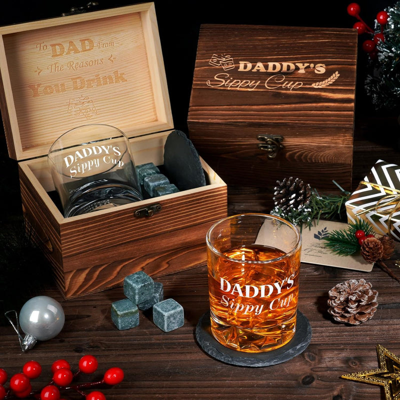 Gifts for Dad Christmas, Daddy Sippy Cup Whiskey Glass Gifts Set with 4 Whiskey Stones & Wooden Box, Funny Gag Christmas Gifts for New Dad Him Husband, Dad Birthday Gift, Christmas Stocking Stuffers