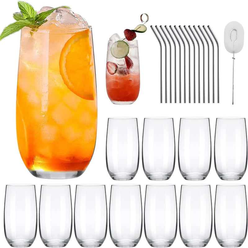 QAPPDA Drinking Glasses Set of 12,16 OZ Highball Glasses with Straws,Clear Tall Water Glasses Premium Cocktail Glasses Beverage Cups Mojito Glassware for Juice,Mixed Drinks